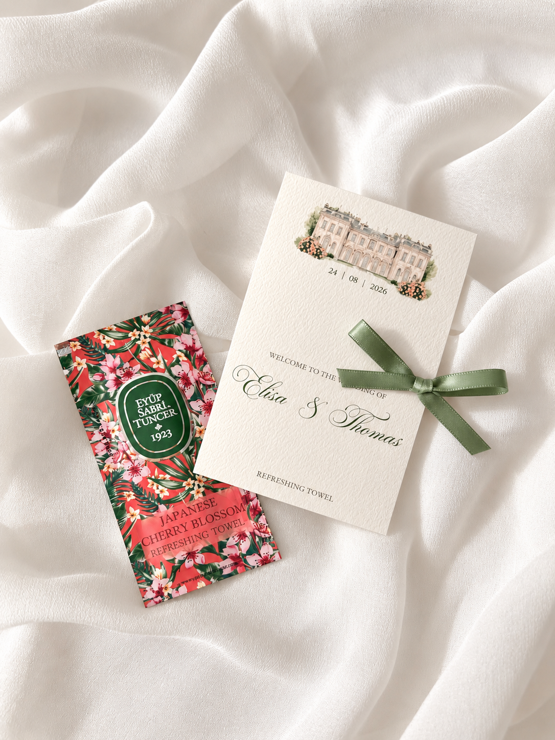 Carte avec lingette eau de cologne & ruban - Cadeaux invités