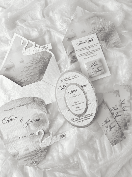 Faire-part de mariage personnalisé SWAN avec invitation ovale, enveloppe blanche et liner intérieur motif cygne