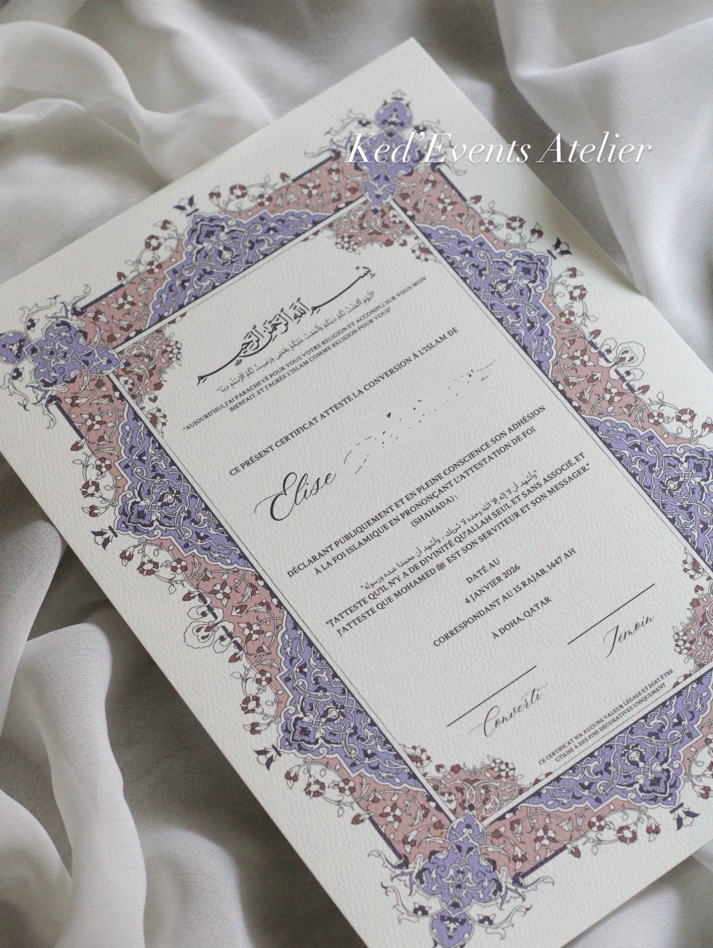 Certificat de conversion islamique "SAMAH"