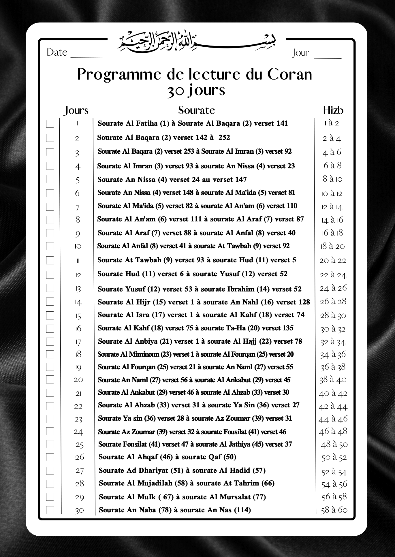Programme de lecture Coran - Quran Tracker - PDF Gratuit
