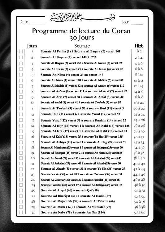 Programme de lecture Coran - Quran Tracker - PDF Gratuit