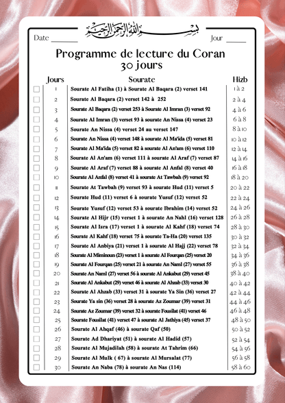 Programme de lecture Coran - Quran Tracker - PDF Gratuit
