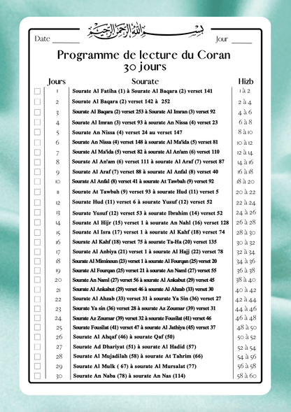 Programme de lecture Coran - Quran Tracker - PDF Gratuit