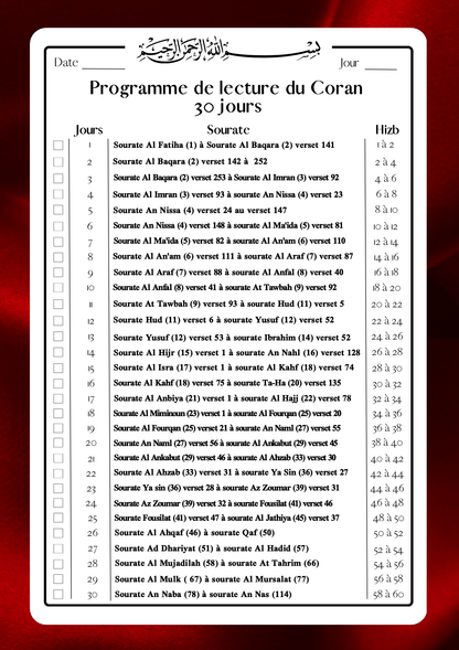 Programme de lecture Coran - Quran Tracker - PDF Gratuit
