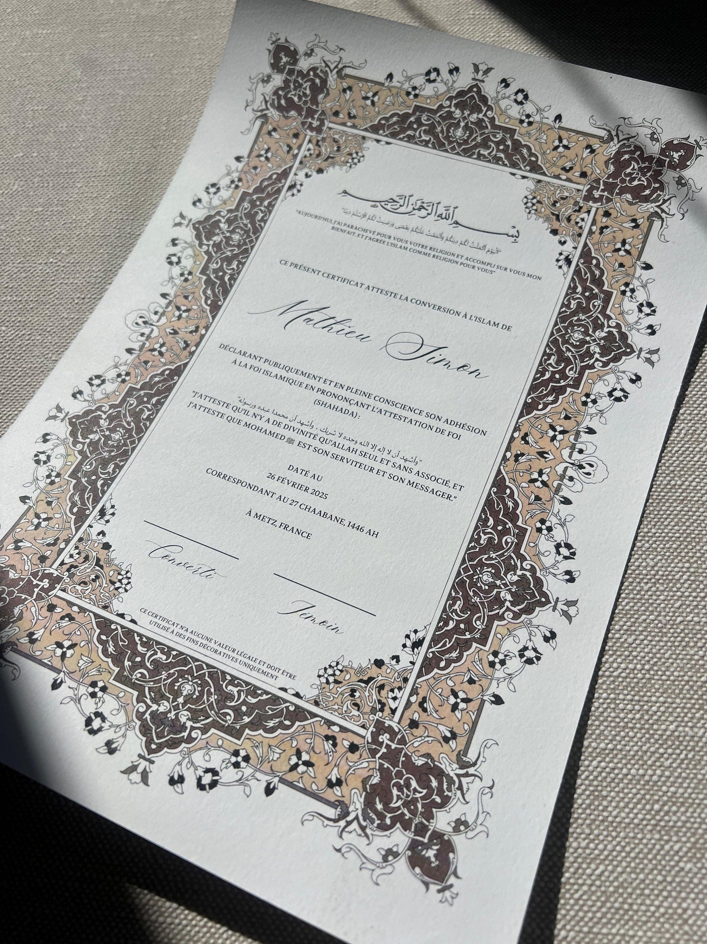 Certificat de conversion islamique "SAMAH"