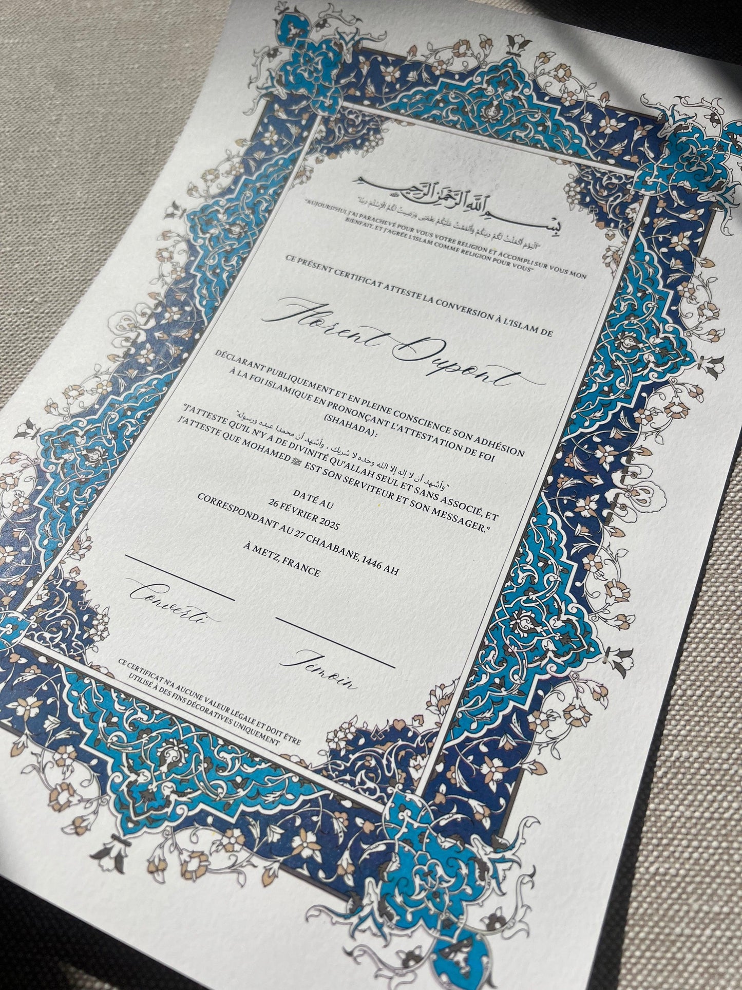 Certificat de conversion islamique "SAMAH"
