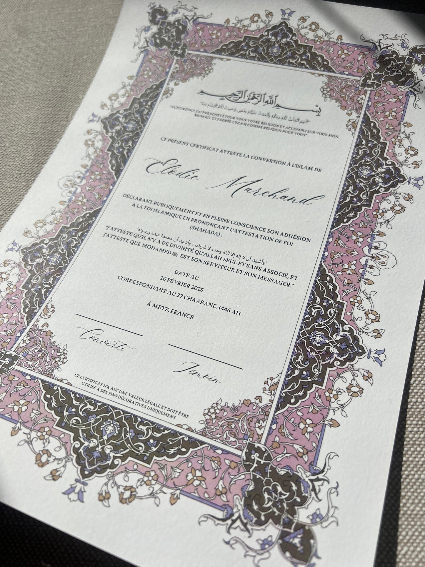 Certificat de conversion islamique "SAMAH"