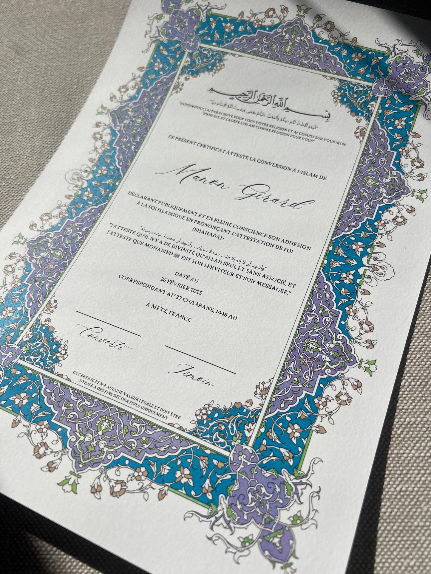 Certificat de conversion islamique "SAMAH"