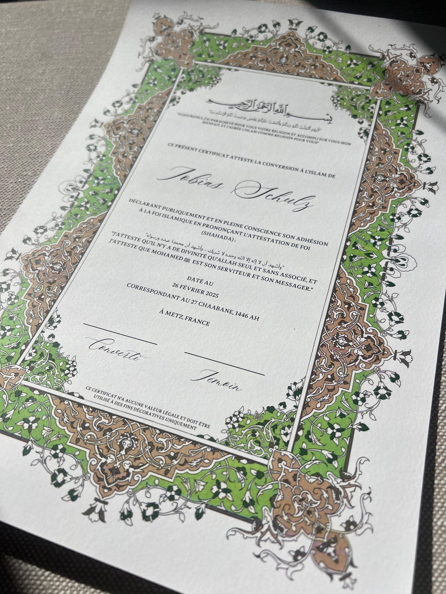 Certificat de conversion islamique "SAMAH"