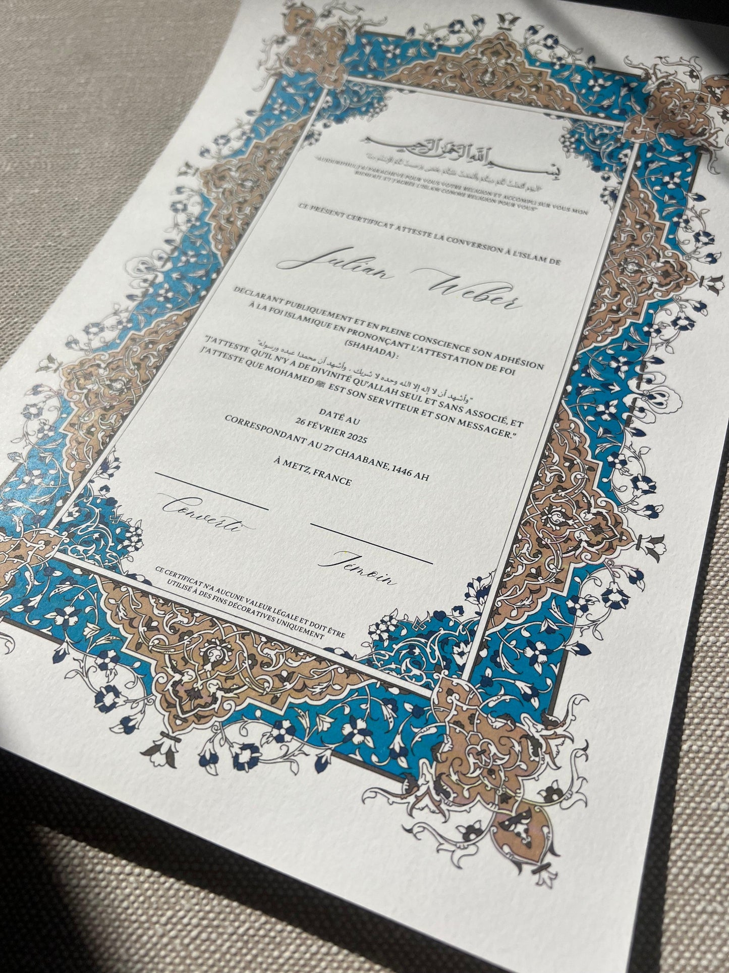 Certificat de conversion islamique "SAMAH"