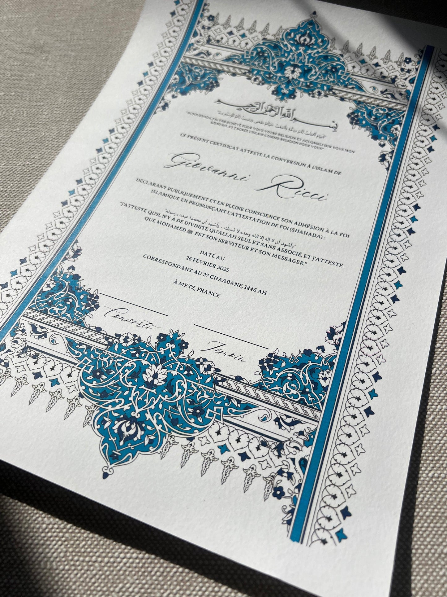Certificat de conversion islamique "VERSAILLES"