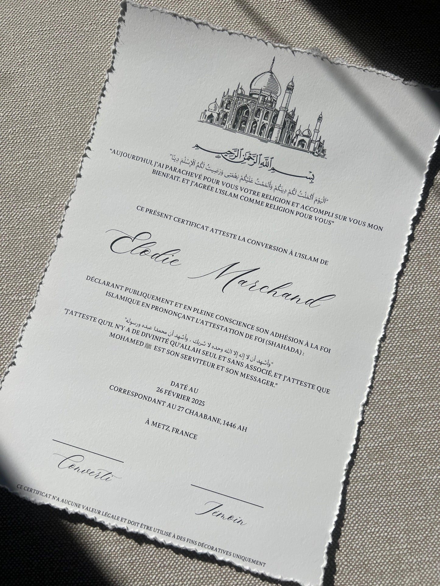 Certificat de conversion islamique "NILUFER"