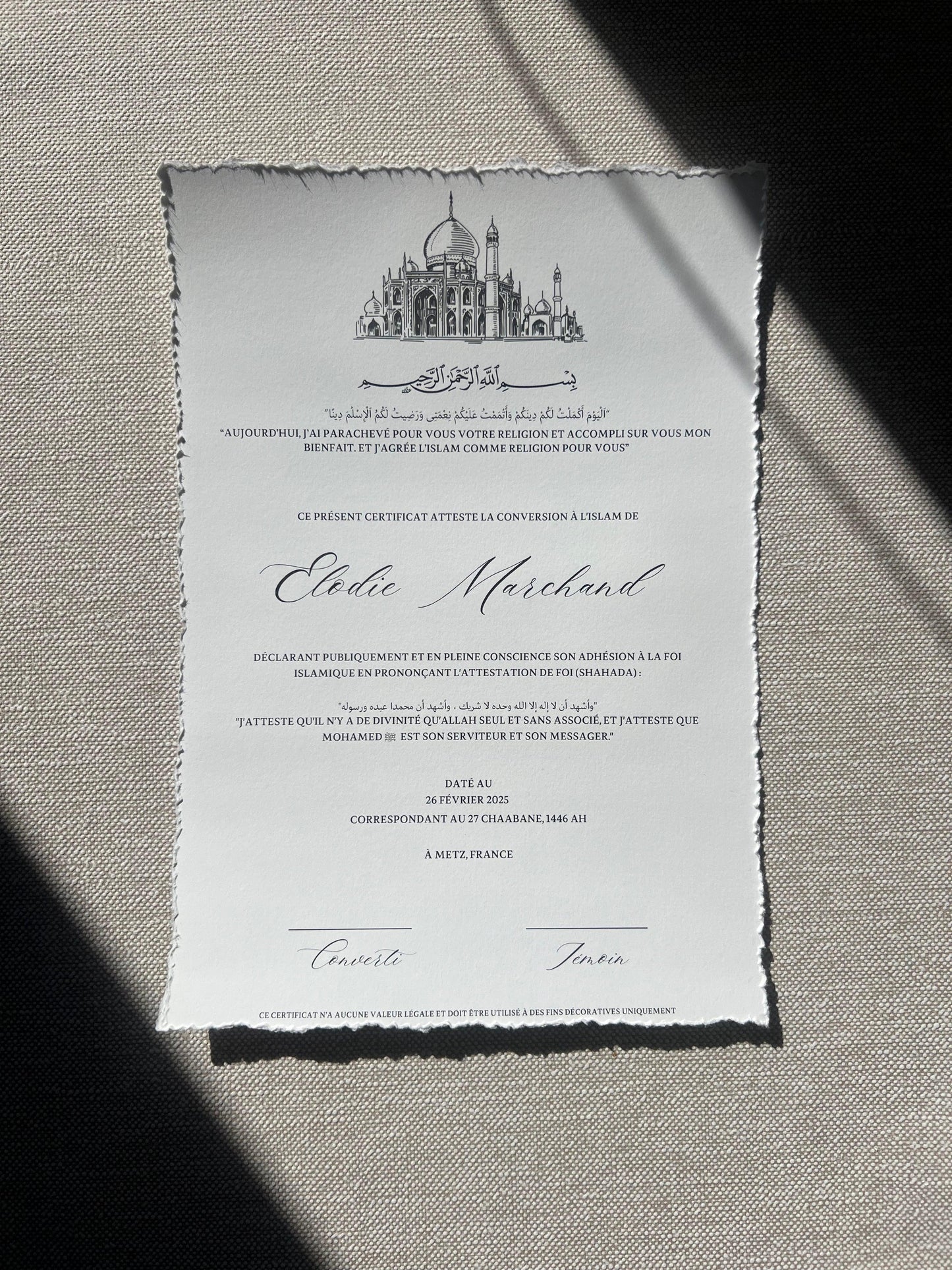 Certificat de conversion islamique "NILUFER"
