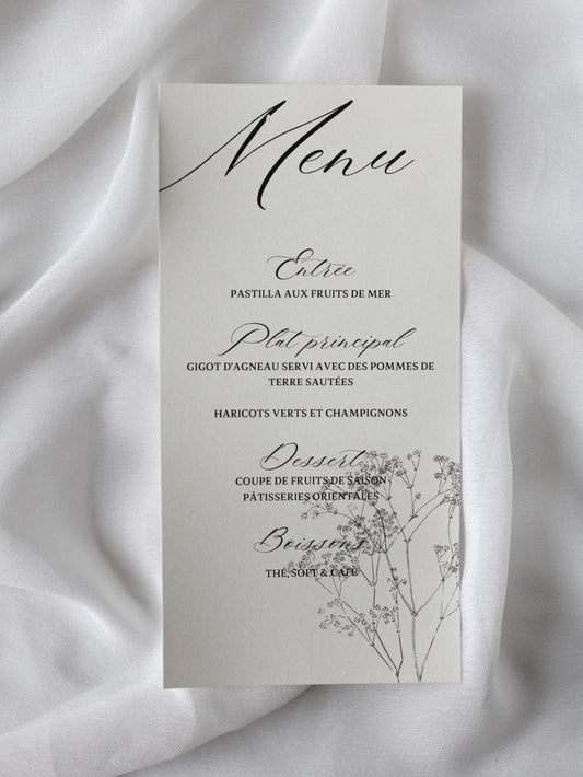 Menu de mariage personnalisé Collection DAPHNE au format rectangulaire orné d'un délicat motif de fleurs de gypsophile.