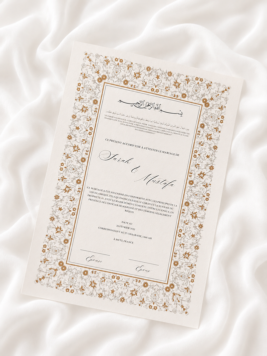 Certificat de mariage religieux personnalisé Collection ZENITH au format A4 sur papier premium 300 g/m², disponible en noir et blanc, avec dorure à chaud ou dans une autre couleur.