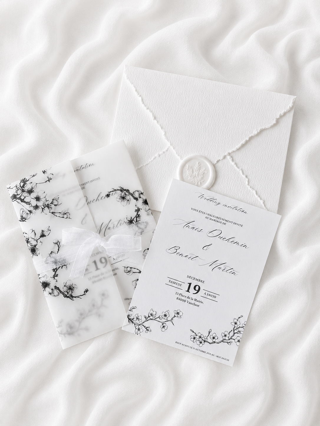 Faire-part de mariage personnalisé Collection COVEY avec enveloppe blanche effet déchiré, pochette vellum à motif fleurs de cerisier, cachet de cire blanc, ruban organza et carte RSVP assortie.