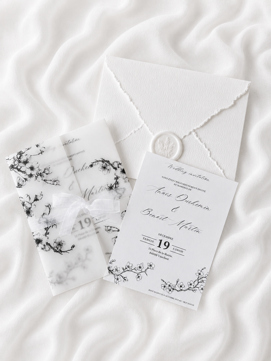 Faire-part de mariage personnalisé Collection COVEY avec enveloppe blanche effet déchiré, pochette vellum à motif fleurs de cerisier, cachet de cire blanc, ruban organza et carte RSVP assortie.