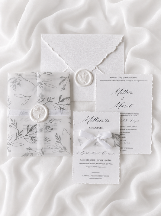 Faire-part de mariage personnalisé Collection MELTEM avec enveloppe blanche effet déchiré, cachet de cire, pochette vellum imprimée florale, ruban et carte RSVP assortie.