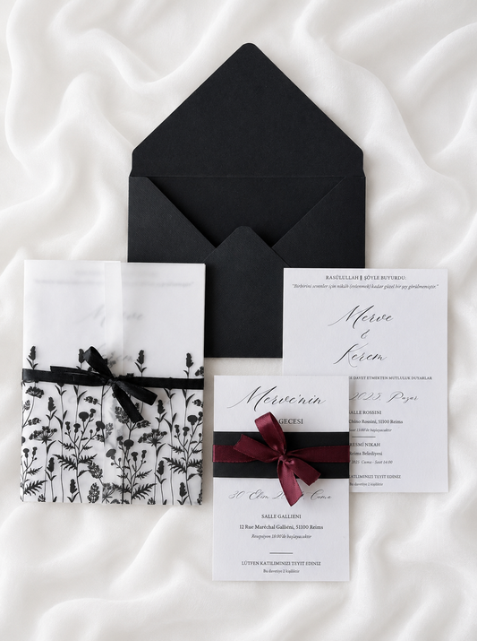 Faire-part de mariage personnalisé Collection MERVE avec enveloppe noire, pochette vellum imprimée florale noire, ruban noir et carte RSVP assortie.