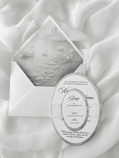 Faire-part de mariage personnalisé SWAN avec invitation ovale, enveloppe blanche et liner intérieur motif cygne.