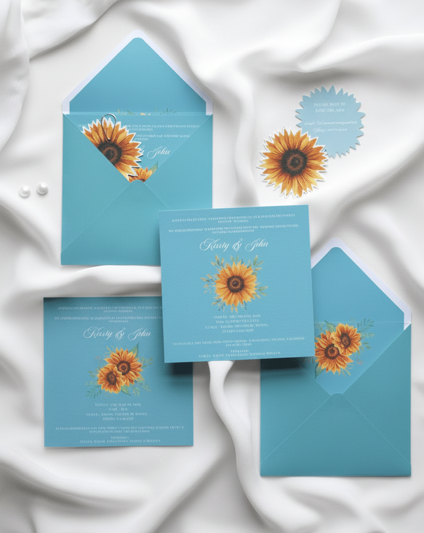 Faire-part de mariage personnalisé Collection TOURNESOL avec enveloppe bleu turquoise, liner bleu, invitation carrée à motif tournesol et carte RSVP assortie.
