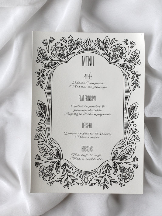 Menu de mariage personnalisé Collection AURORE au format rectangulaire avec un élégant cadre composé d'ornements floraux.