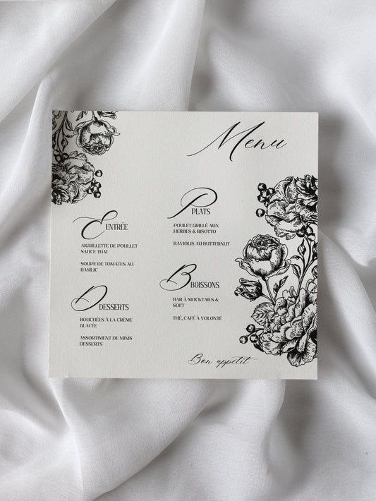 Menu de mariage personnalisé Collection CAMELIA au format carré avec un élégant motif floral de pivoines.