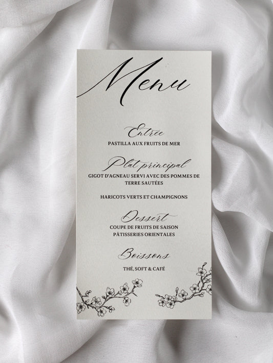 Menu de mariage personnalisé Collection COVEY au format rectangulaire orné d'un délicat motif de fleurs de cerisier.