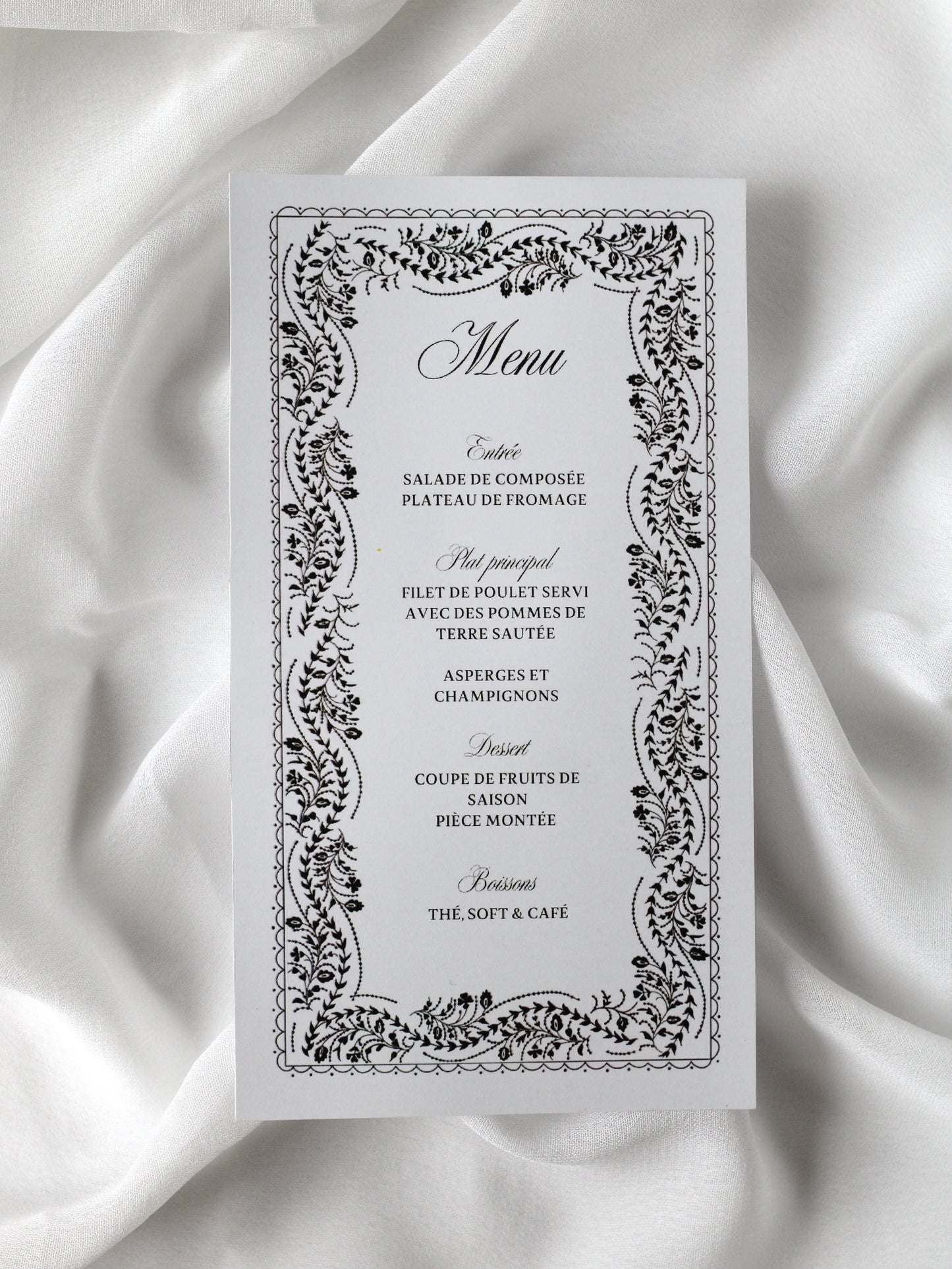 Menu de mariage personnalisé Collection OSMAN au format rectangulaire avec contour orné d'un motif abstrait noir.
