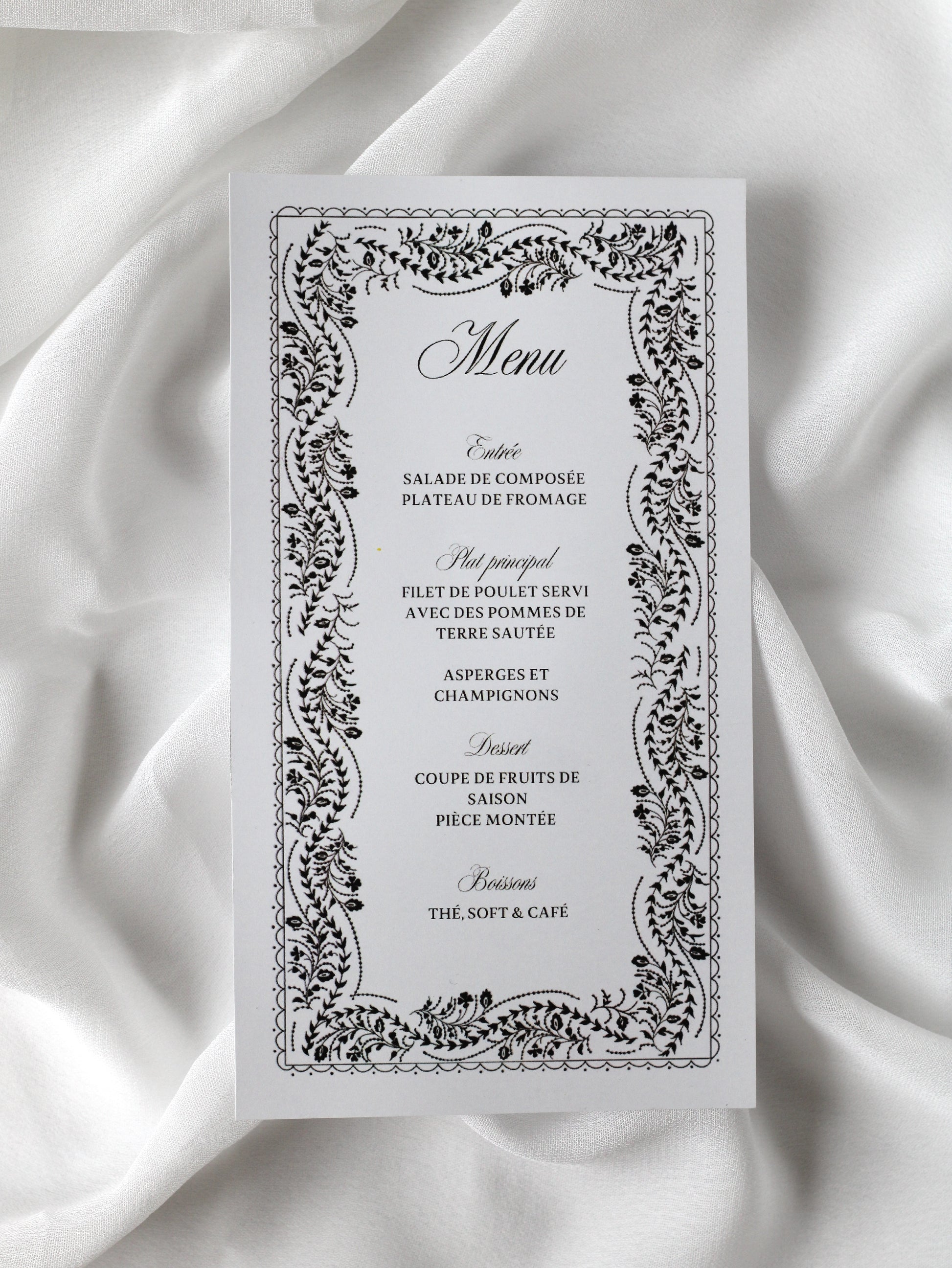 Menu de mariage personnalisé Collection OSMAN au format rectangulaire avec contour orné d'un motif abstrait noir.