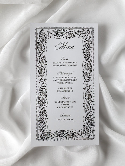 Menu de mariage personnalisé Collection OSMAN au format rectangulaire avec contour orné d'un motif abstrait noir.