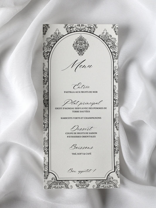 Menu de mariage personnalisé Collection PALAZZO au format rectangulaire avec découpe en arche et motifs baroques.