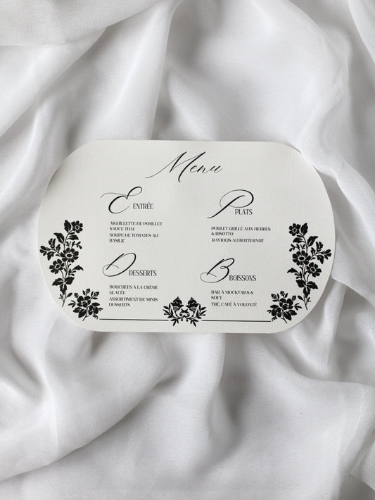 Menu de mariage personnalisé Collection SULTANE au format rectangulaire avec bords latéraux arrondis et bordure florale.